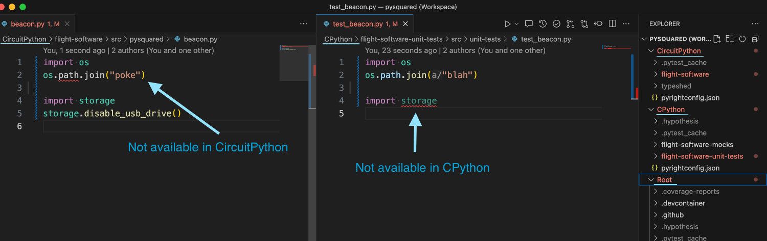 Demonstration showing type errors when the developer attempts to use interfaces that exist in CircuitPython but not CPython and vice versa