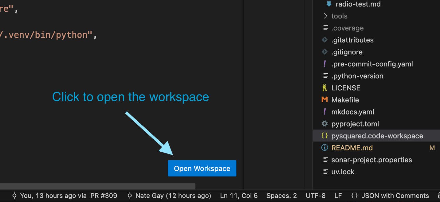 Start the workspace by opening the pysquared.code-workspace file and clicking Open Workspace